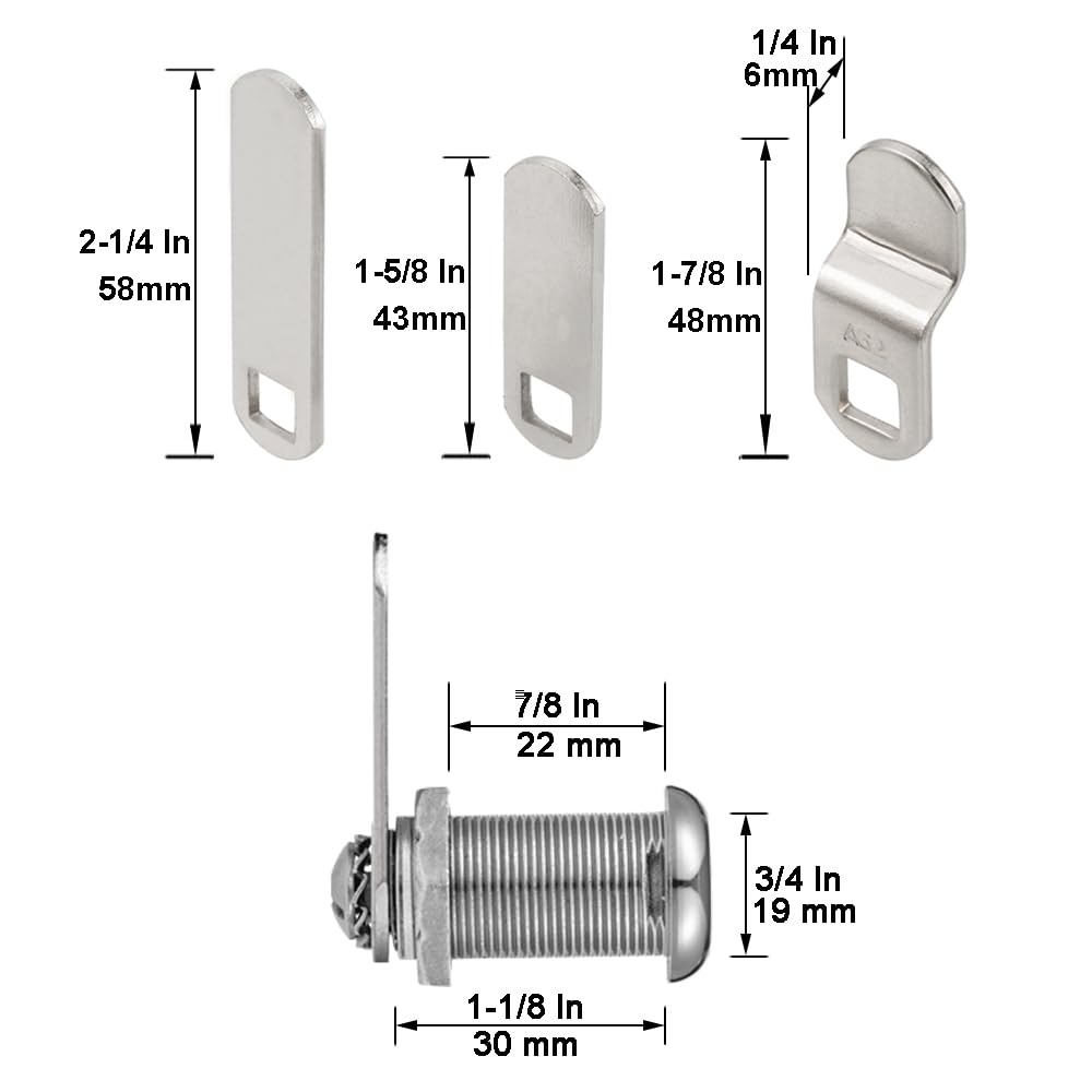 Keyed Alike 1-1/8” Cylinder Cam Locks Chrome Finish with 3 Cams and 2 Keys C8878