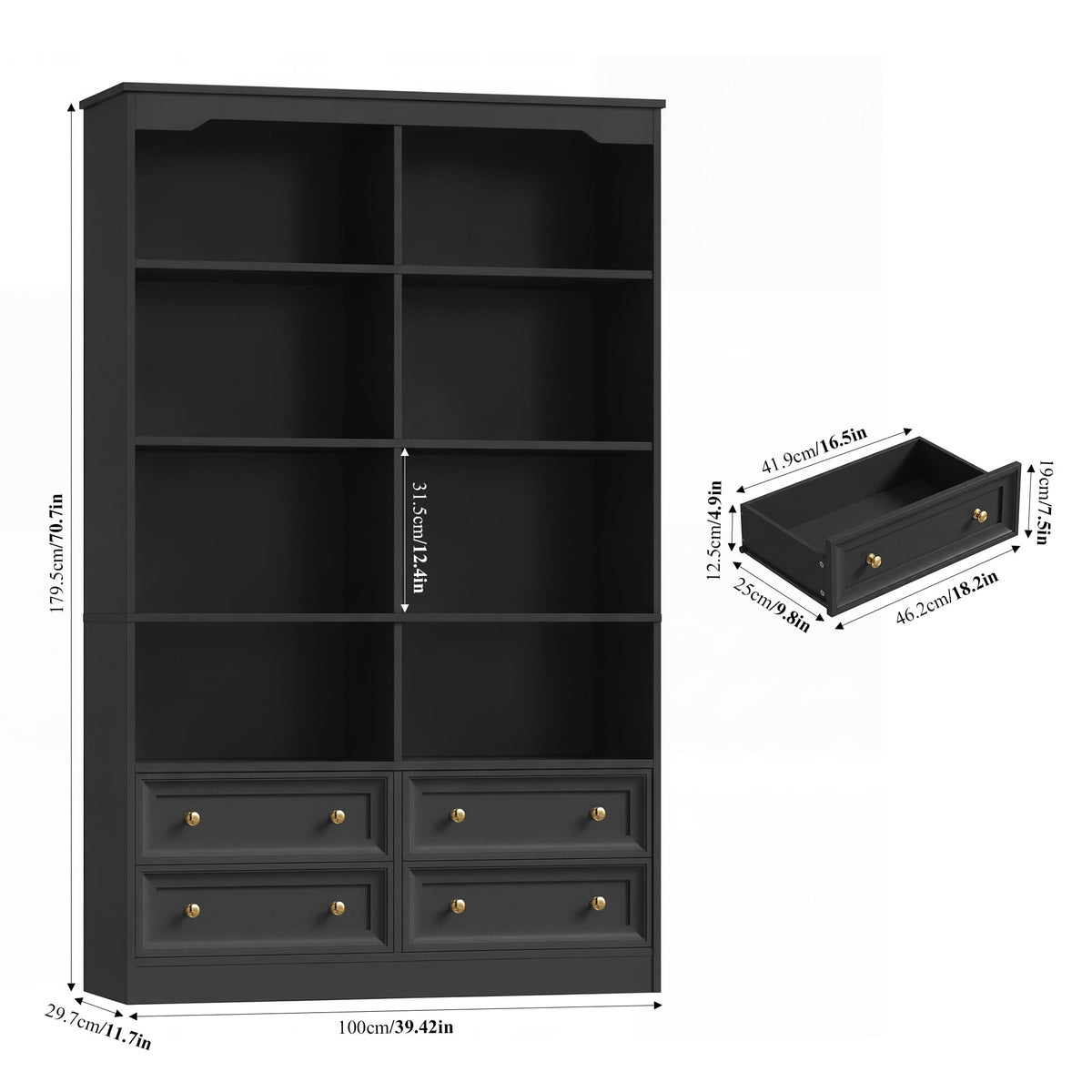 71" Tall Black Bookshelf with 4 Drawers H206