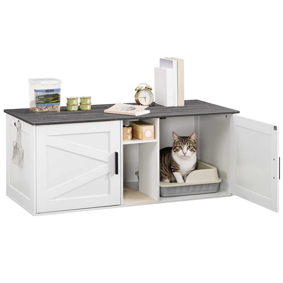 White and Charcoal Gray Cat Litter Box Enclosure O3599