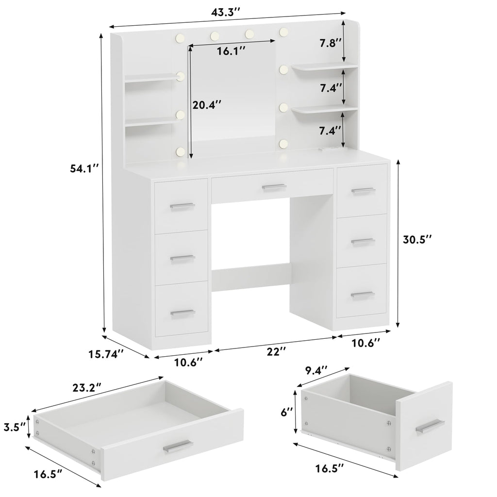 White Vanity Desk with Lighted Mirror and 7 Drawers R22547