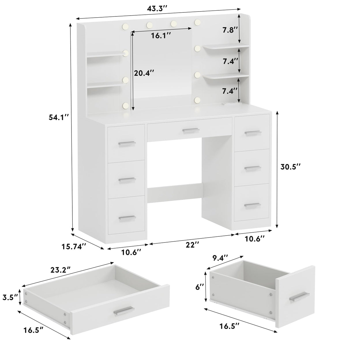 White Vanity Desk with Lighted Mirror and 7 Drawers R22547