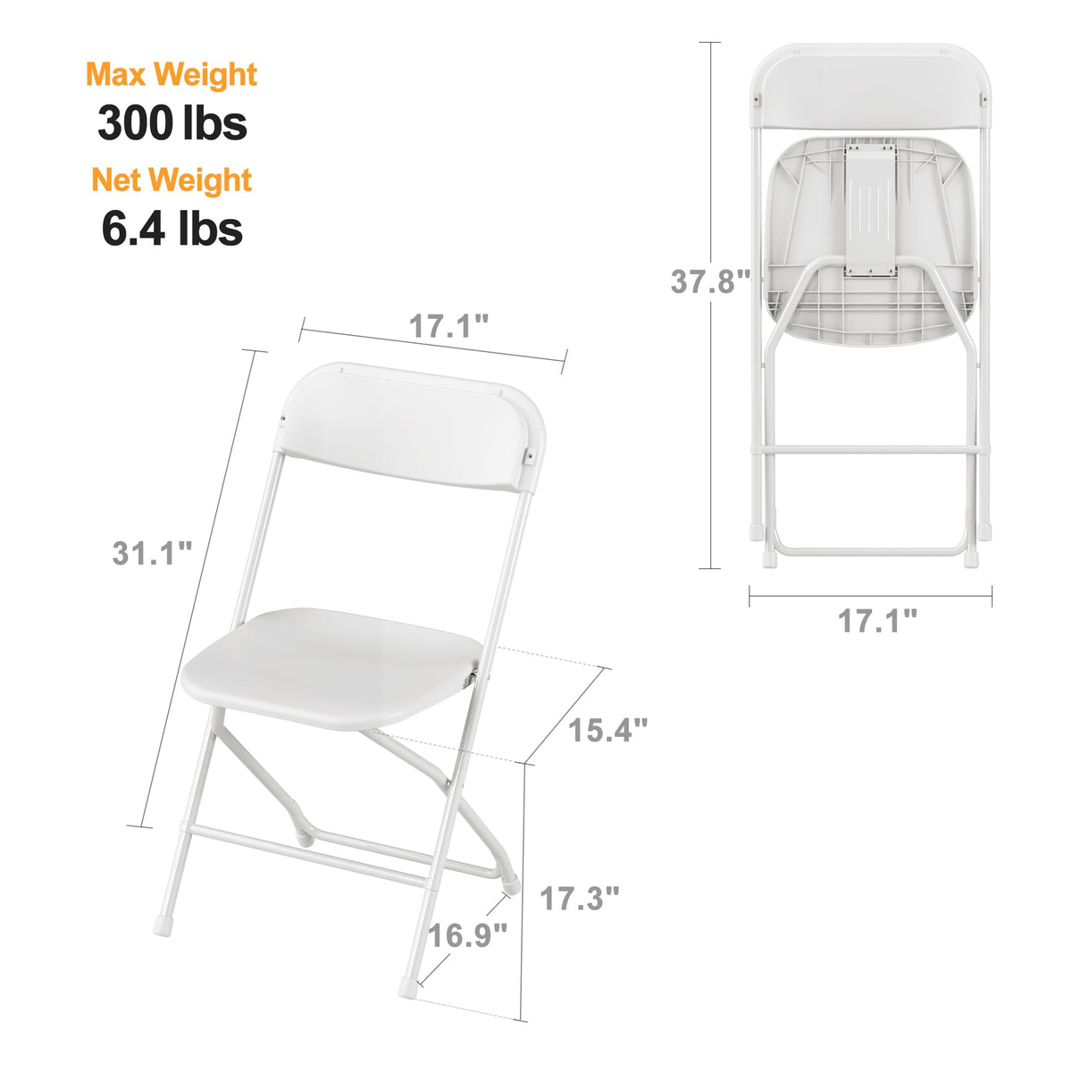 6 Pack White Plastic Folding Chair with Steel Frame I20779