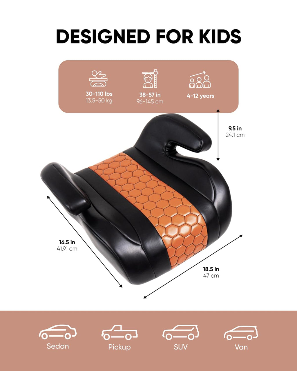 Black-Brown Backless Booster Seat with Latch and Waterproof Eco-Leather Seat Protector 2-Piece Set E1318