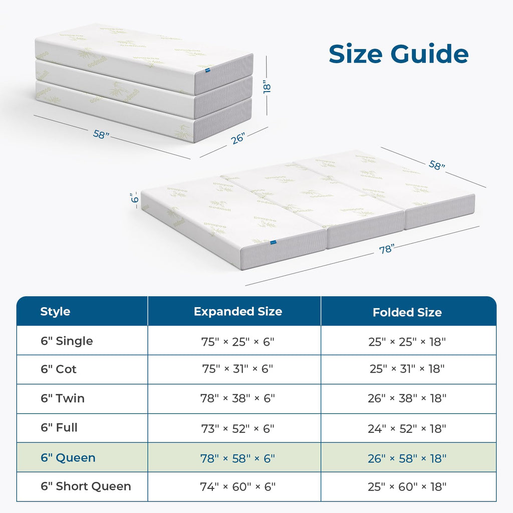 6 Inch Trifold Memory Foam Queen Mattress U701