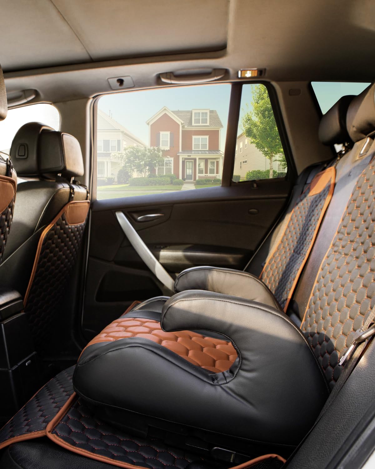 Black-Brown Backless Booster Seat with Latch and Waterproof Eco-Leather Seat Protector 2-Piece Set E1318