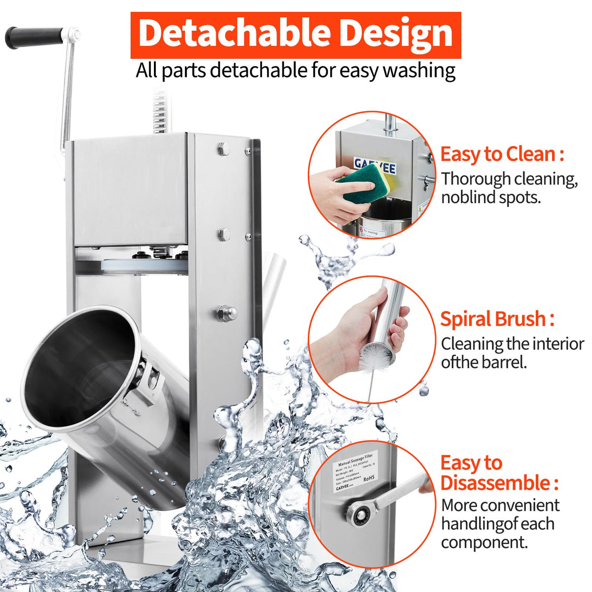 7LBS/3L 304 Stainless Steel Manual Sausage Stuffer with 5 Filling Tubes V12952