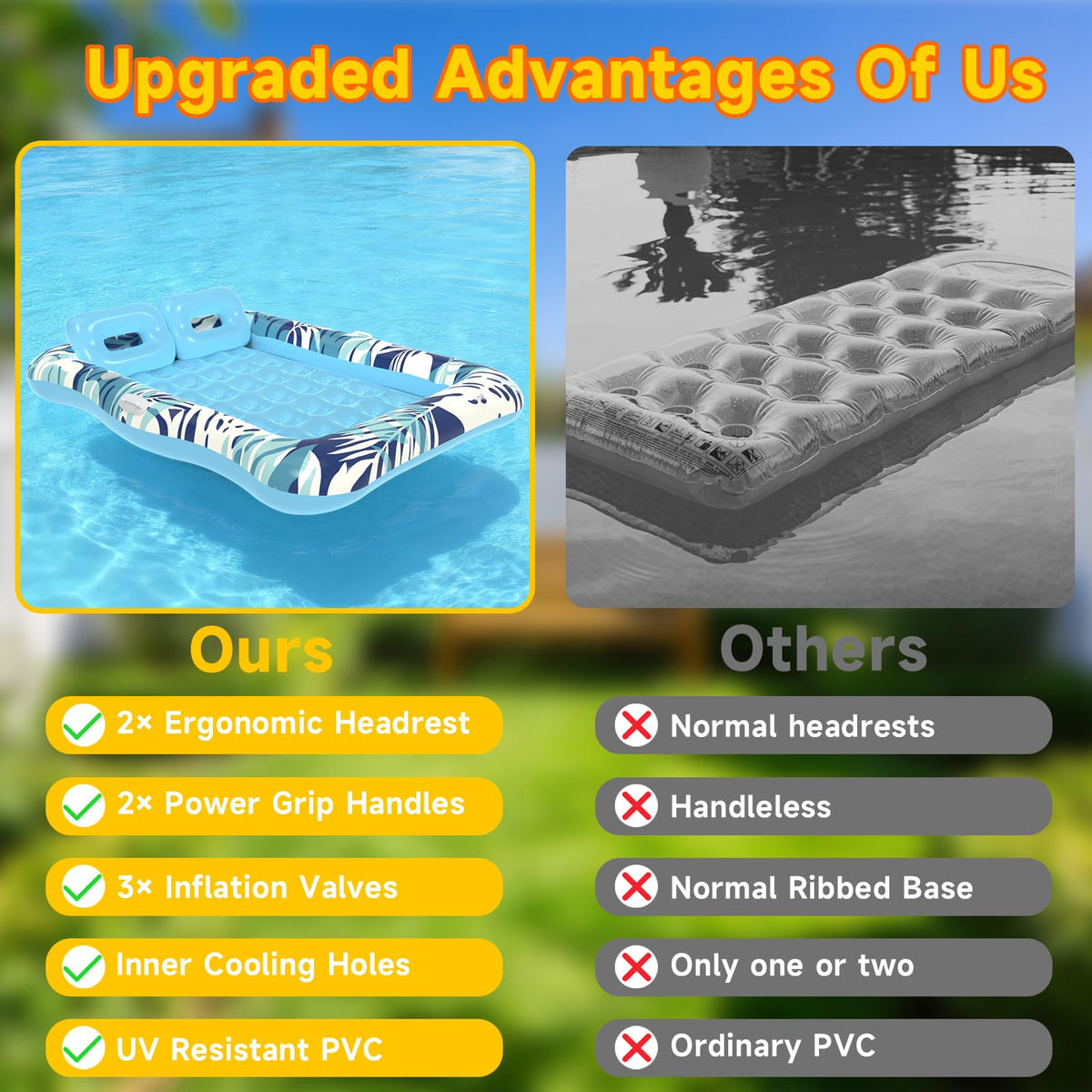 75"x64" XXL Inflatable Tanning Pool Lounger Float with Pillow Blue E5744