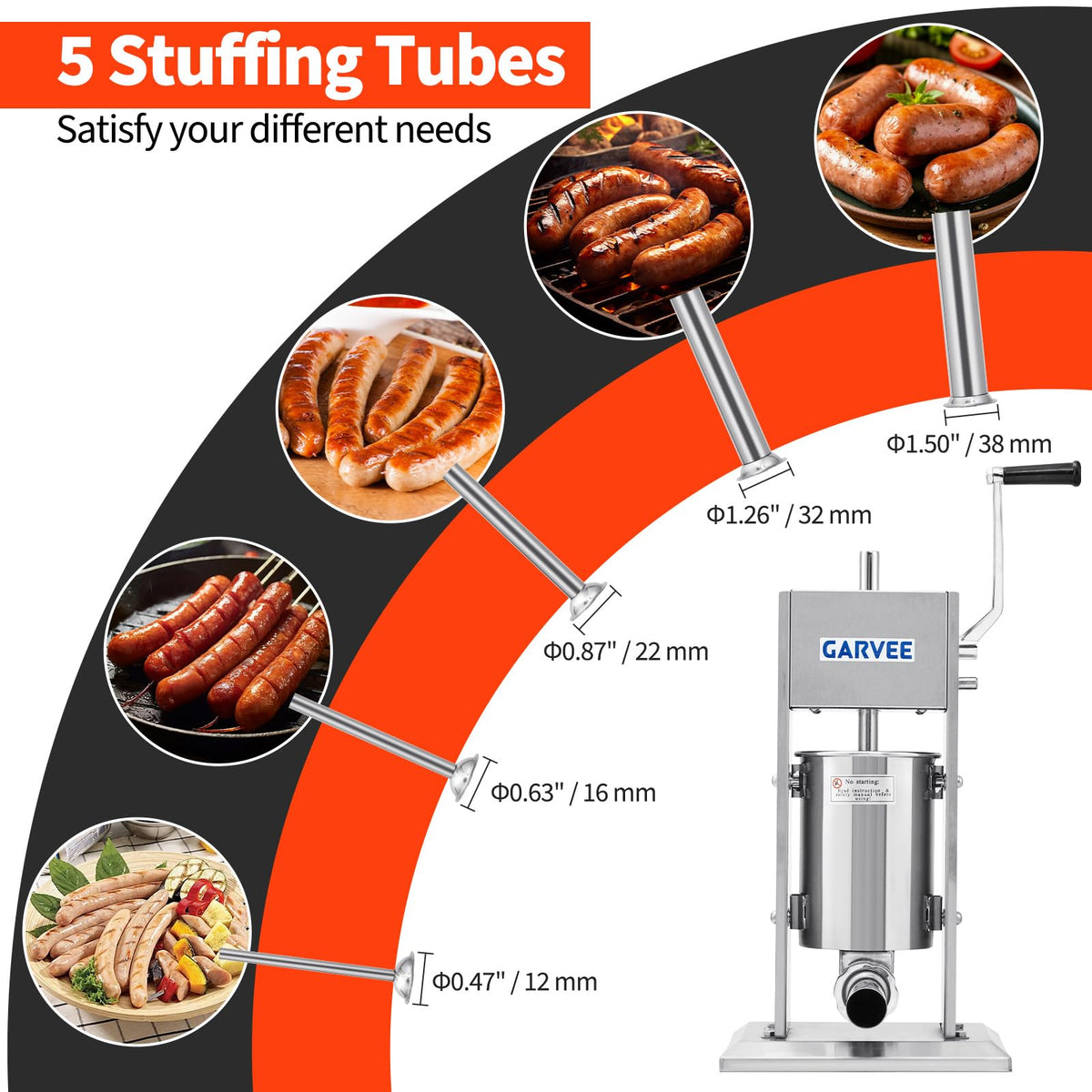 7LBS/3L 304 Stainless Steel Manual Sausage Stuffer with 5 Filling Tubes V12952
