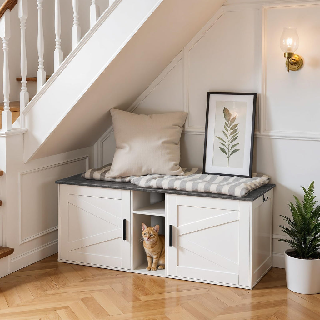 White and Charcoal Gray Cat Litter Box Enclosure O3599