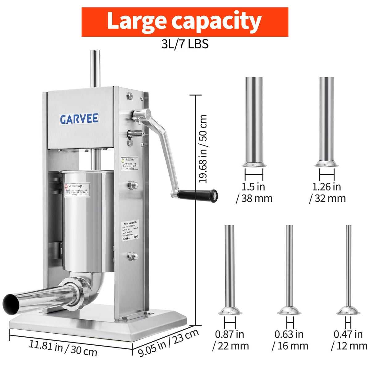 7LBS/3L 304 Stainless Steel Manual Sausage Stuffer with 5 Filling Tubes V12952