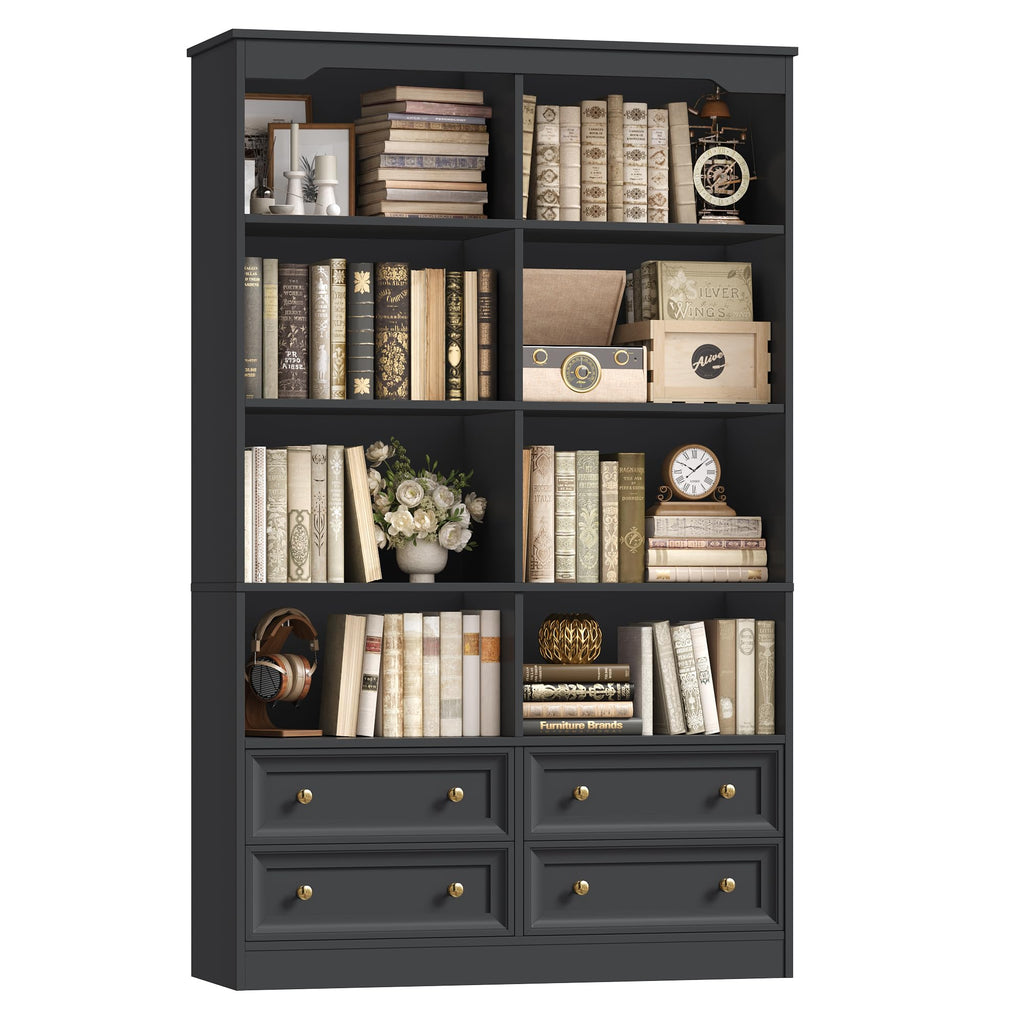 71" Tall Black Bookshelf with 4 Drawers H206