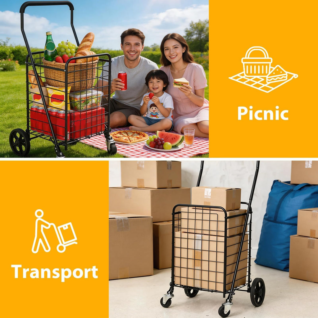 Grocery Shopping Cart with Swivel Wheels, Collapsible Utility Cart V8835