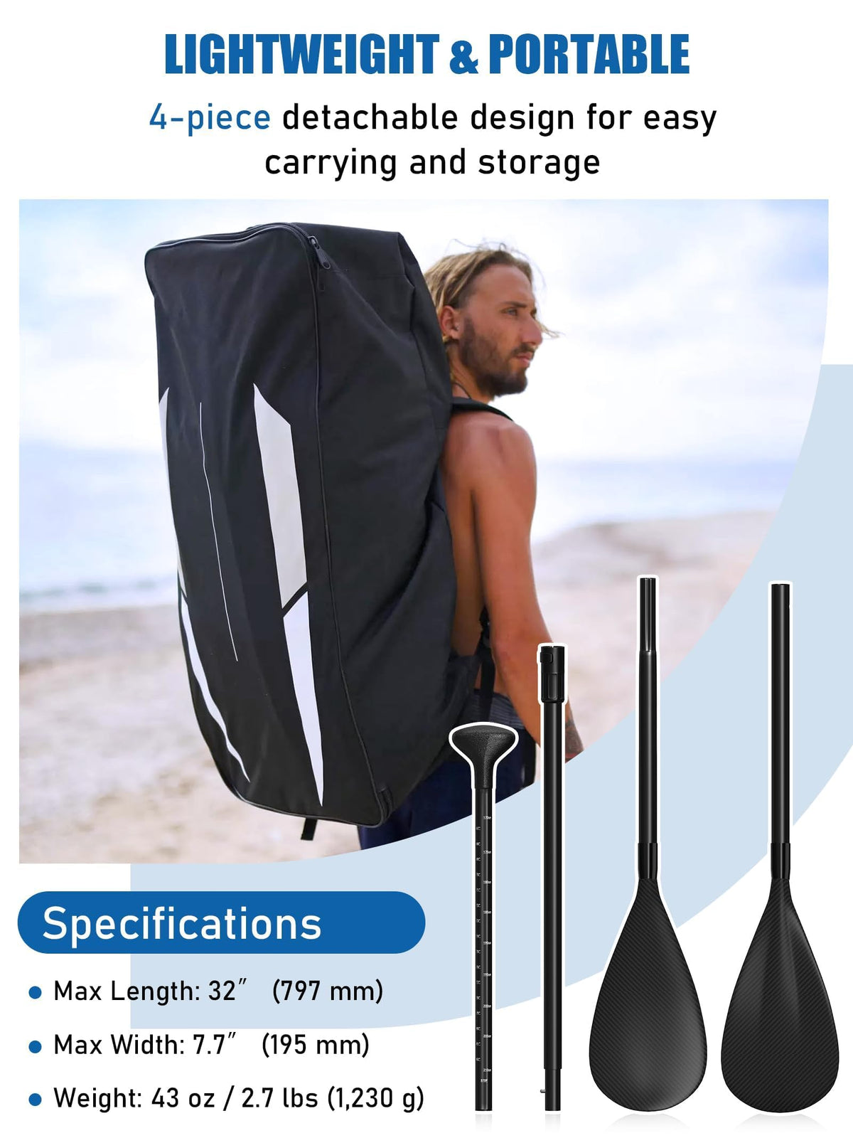 4 Piece Carbon Aluminium Adjustable SUP Paddle 67"-83" V754