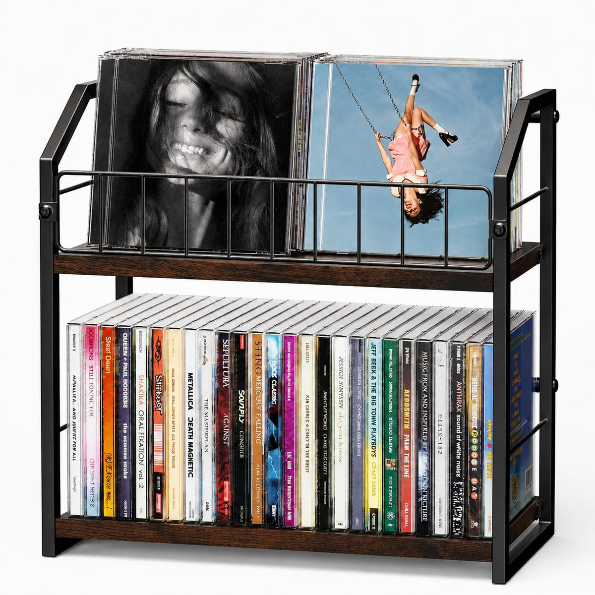 2 Tier CD Storage Rack Holds 60 Cases Brown Z6720