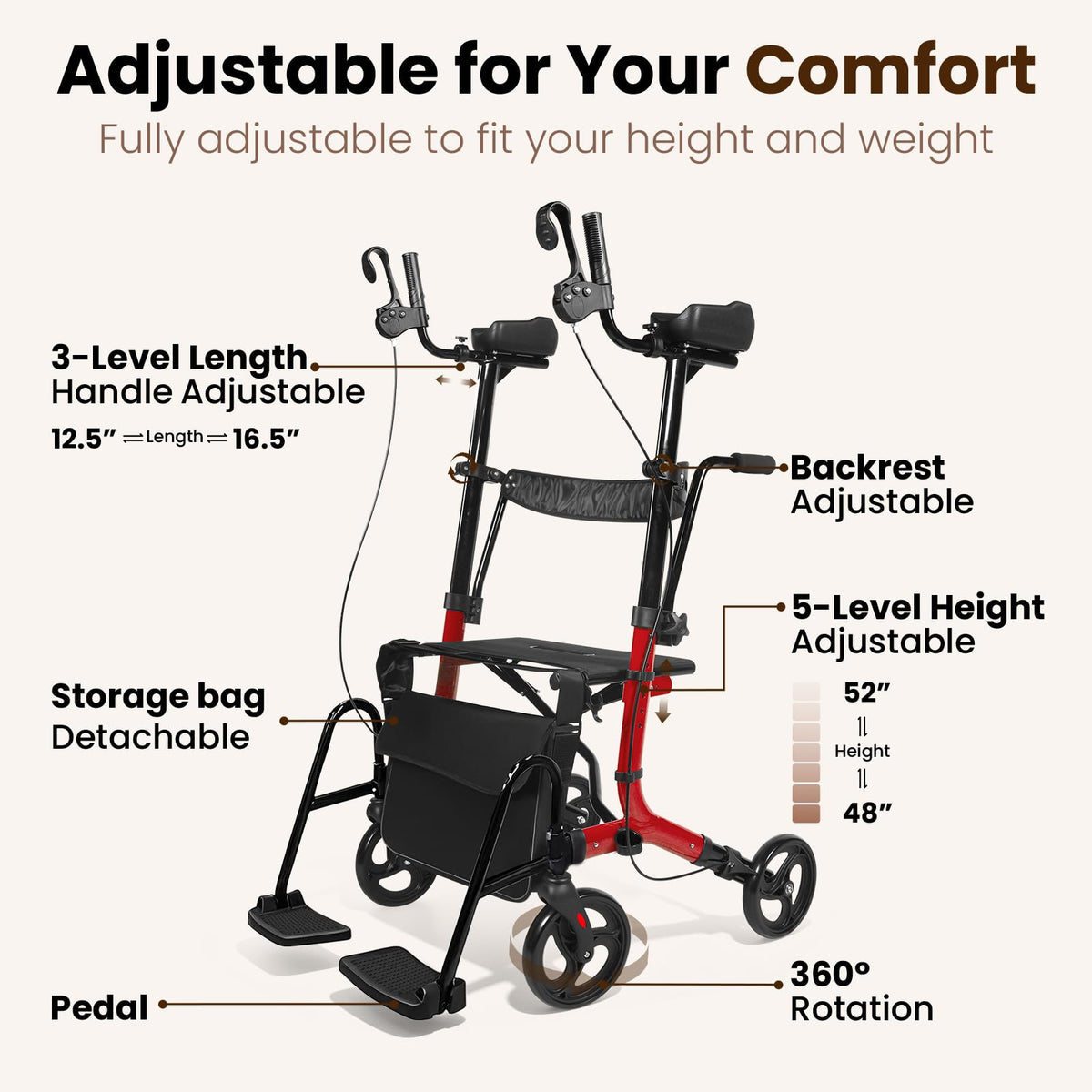 Foldable Lightweight Upright Walker with Seat Armrest Pedal M83071