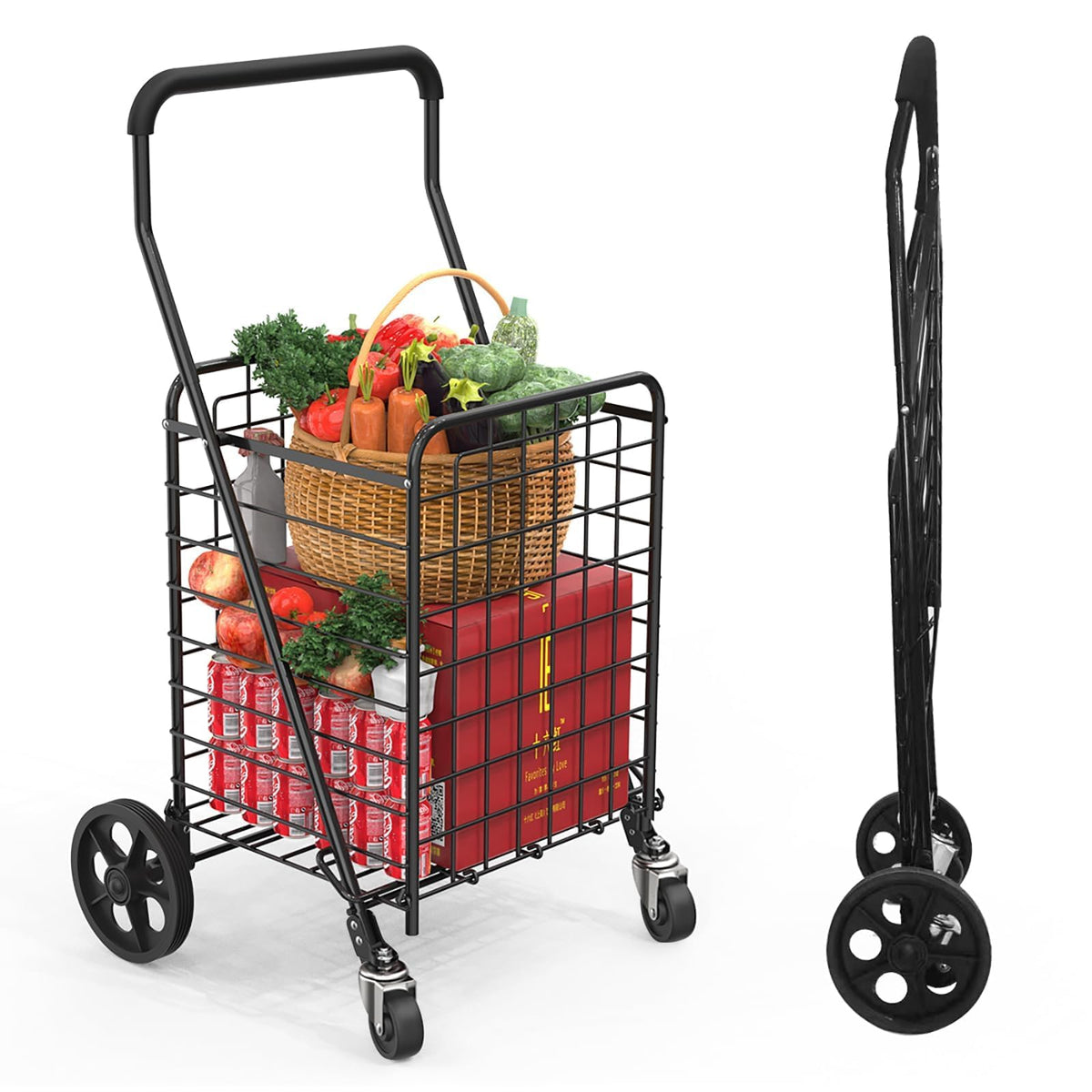 Grocery Shopping Cart with Swivel Wheels, Collapsible Utility Cart V8835