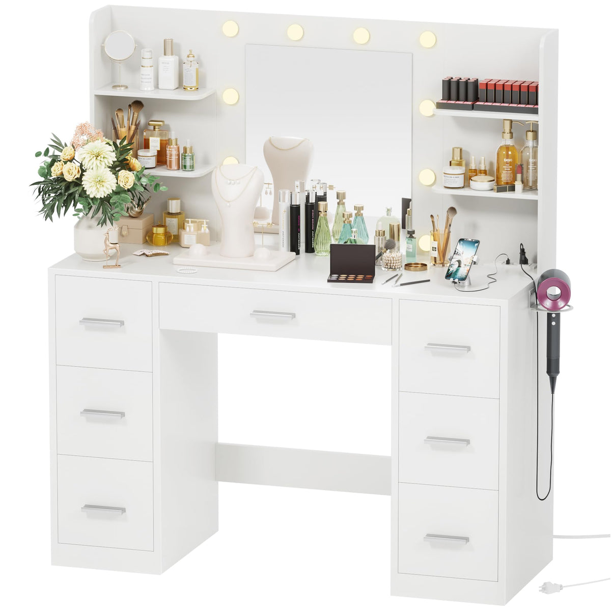 White Vanity Desk with Lighted Mirror and 7 Drawers R22547