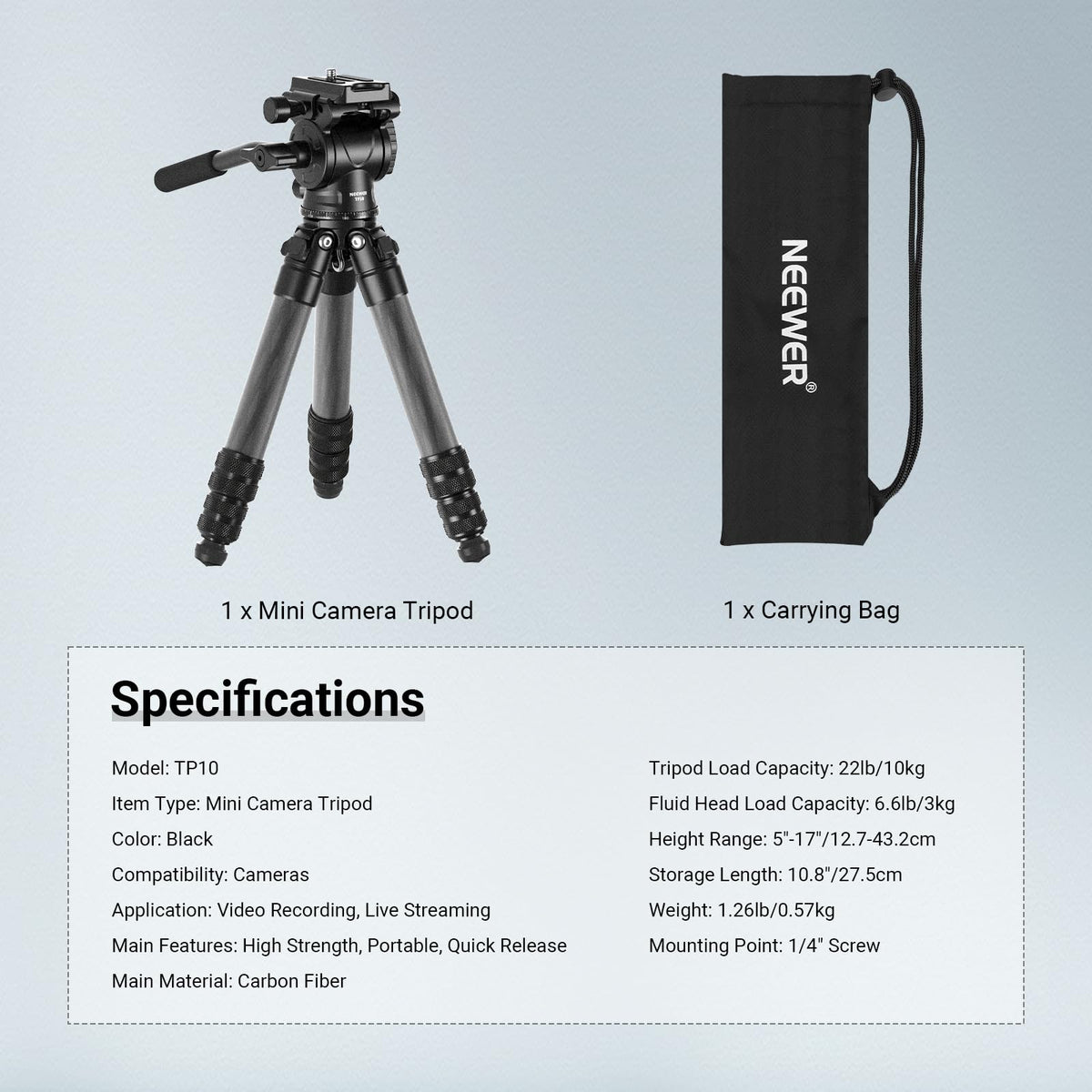 Carbon Fiber Desktop Mini Tripod with Video Fluid Head H378113
