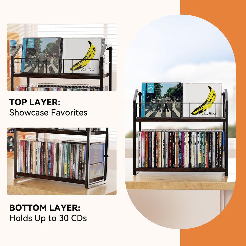 2 Tier CD Storage Rack Holds 60 Cases Brown Z6720