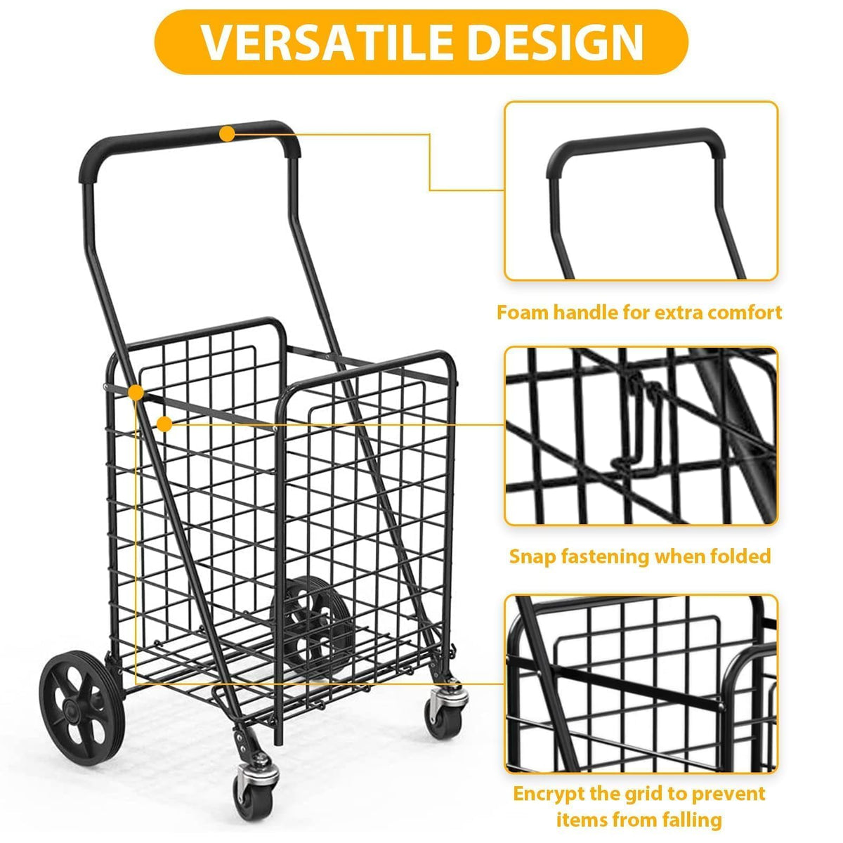 Grocery Shopping Cart with Swivel Wheels, Collapsible Utility Cart V8835