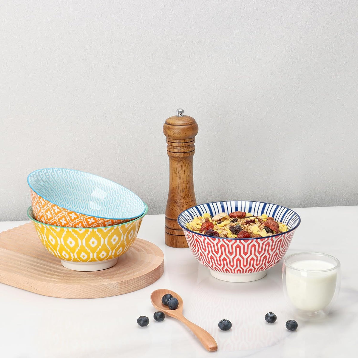 Ceramic Bowls Set 30 oz Assorted Colorful Set of 6 Microwave Dishwasher Safe D641268