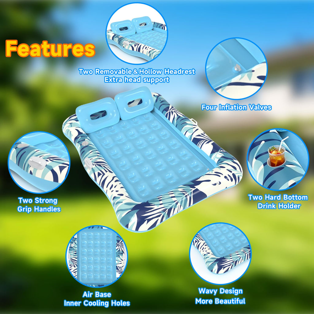 75"x64" XXL Inflatable Tanning Pool Lounger Float with Pillow Blue E5744