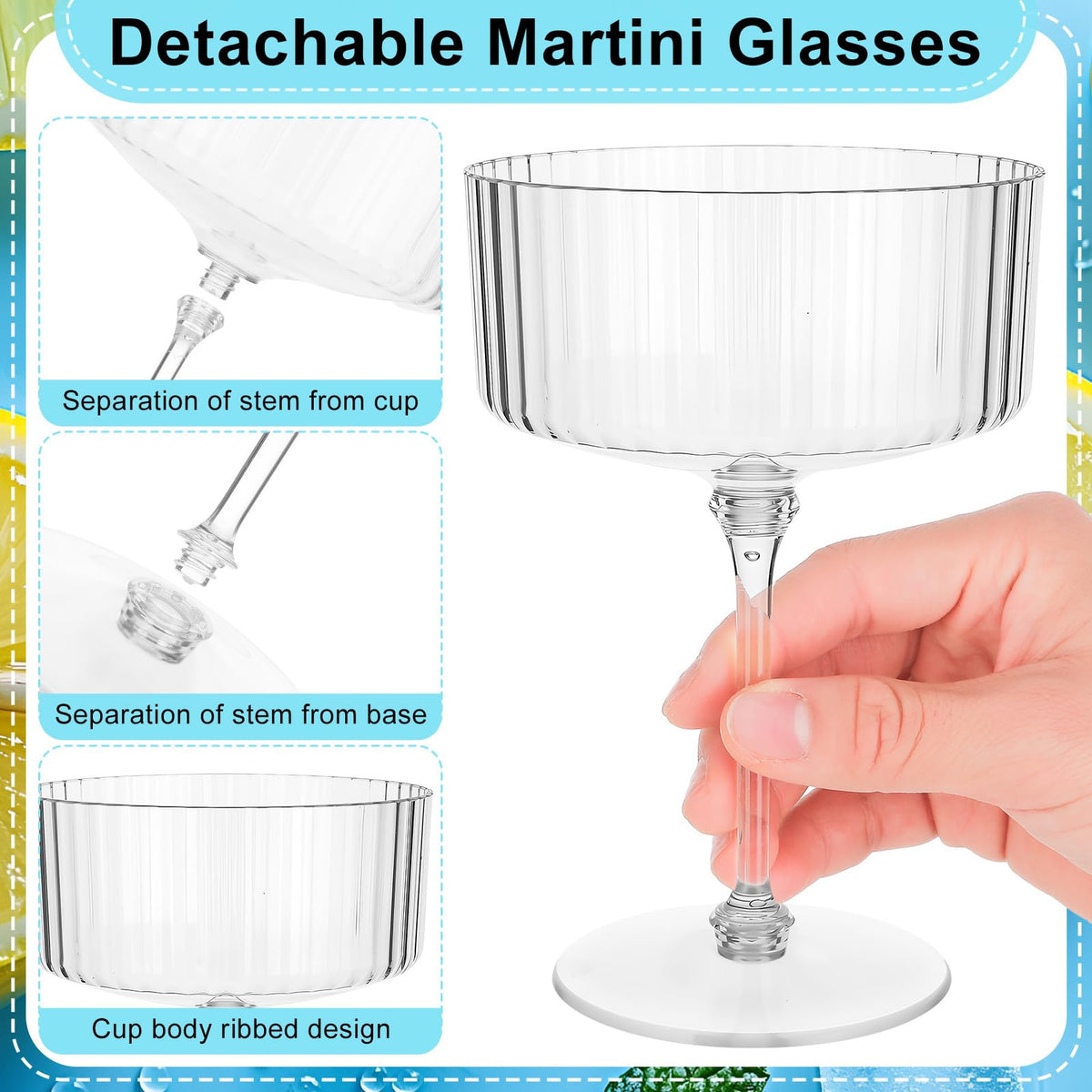 12 Pcs Ribbed Martini Glasses Transparent Plastic M333787