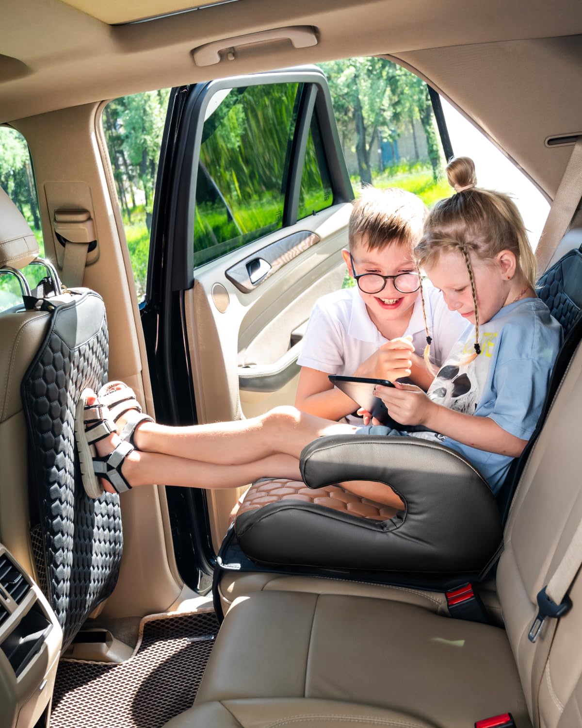Black-Brown Backless Booster Seat with Latch and Waterproof Eco-Leather Seat Protector 2-Piece Set E1318