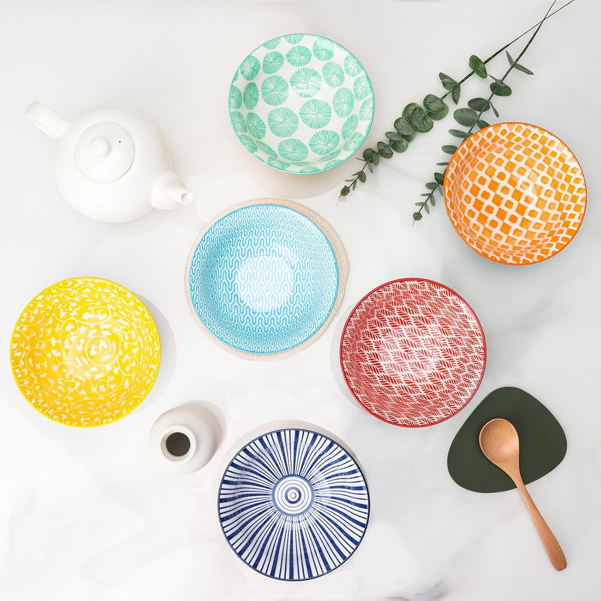 Ceramic Bowls Set 30 oz Assorted Colorful Set of 6 Microwave Dishwasher Safe D641268