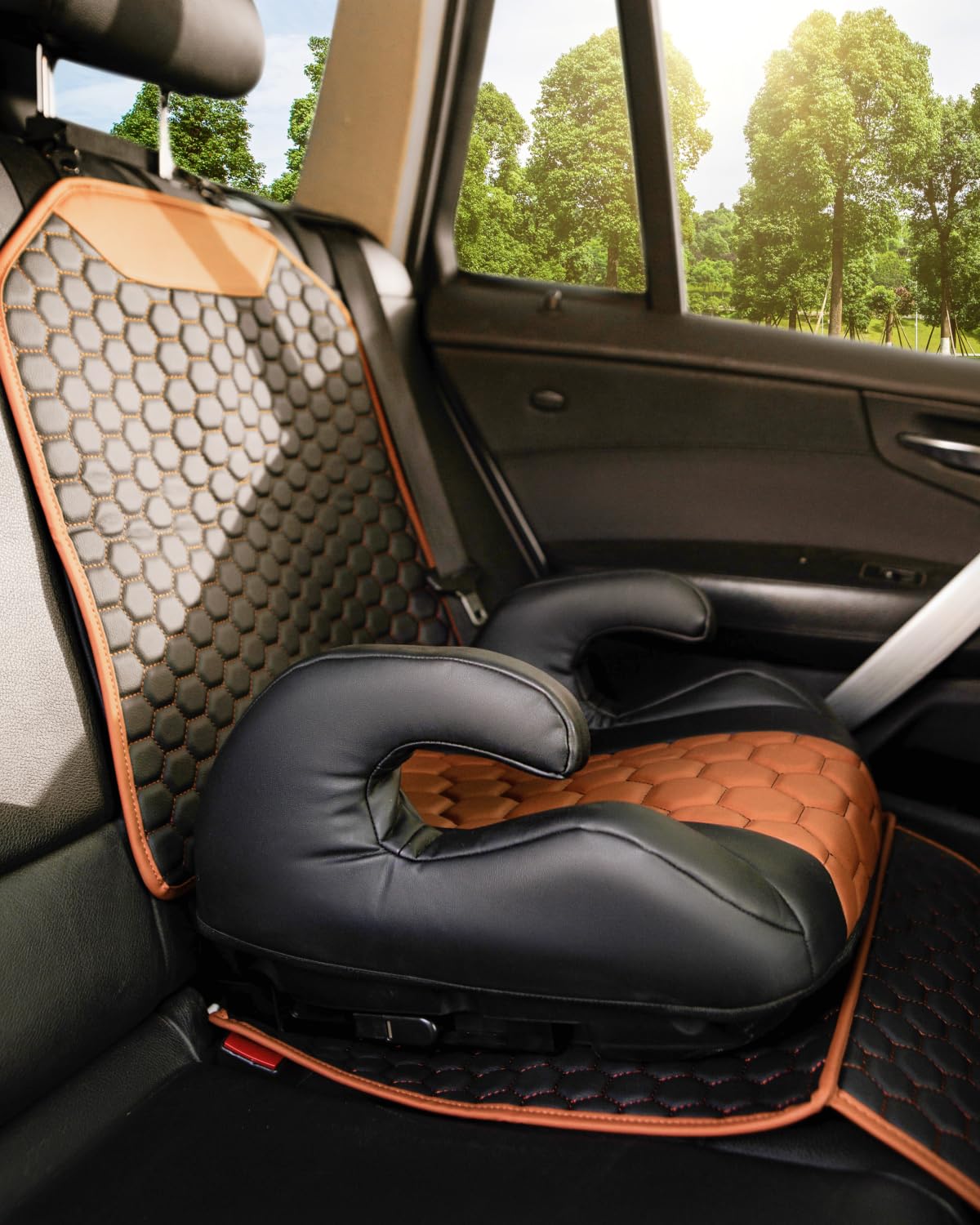 Black-Brown Backless Booster Seat with Latch and Waterproof Eco-Leather Seat Protector 2-Piece Set E1318