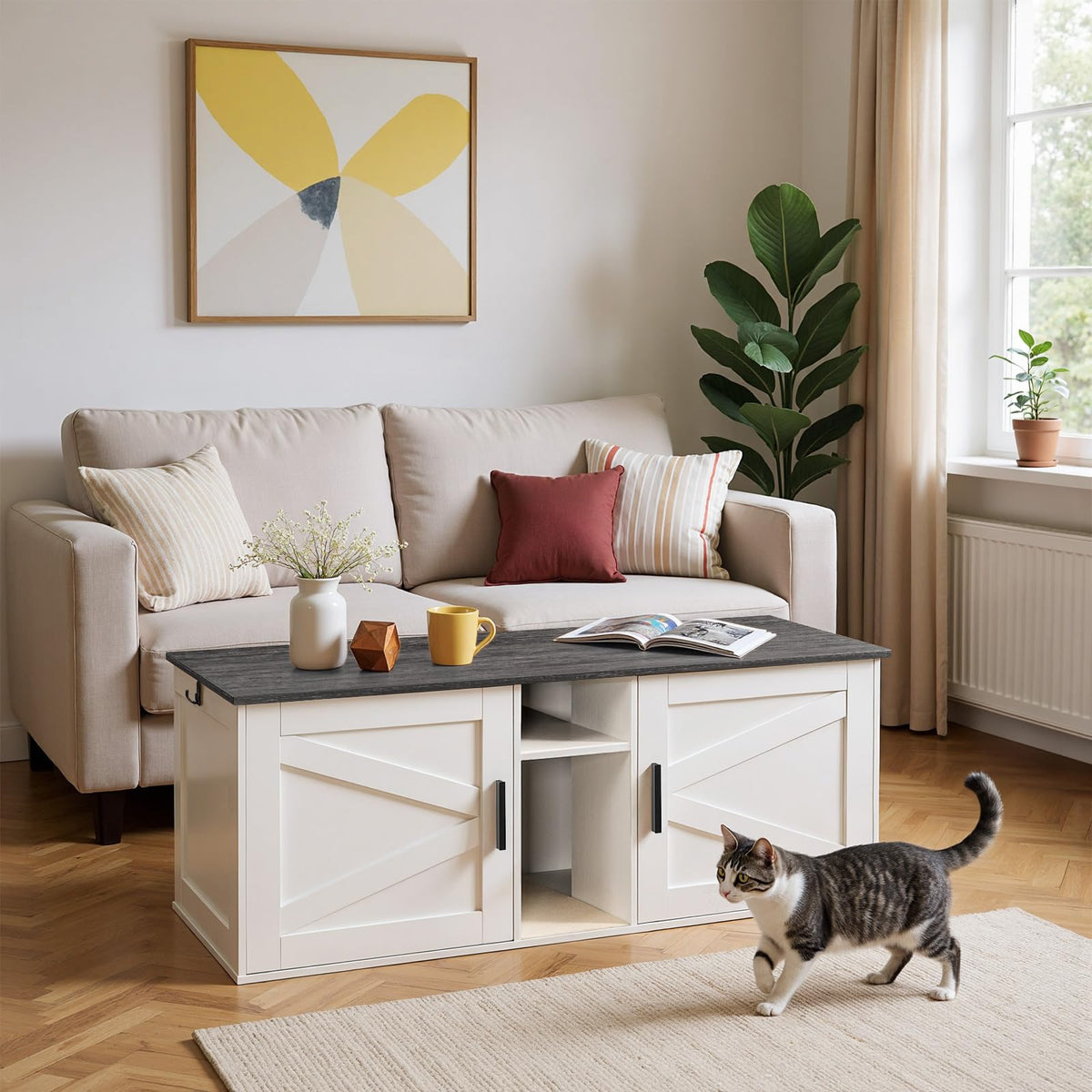 White and Charcoal Gray Cat Litter Box Enclosure O3599