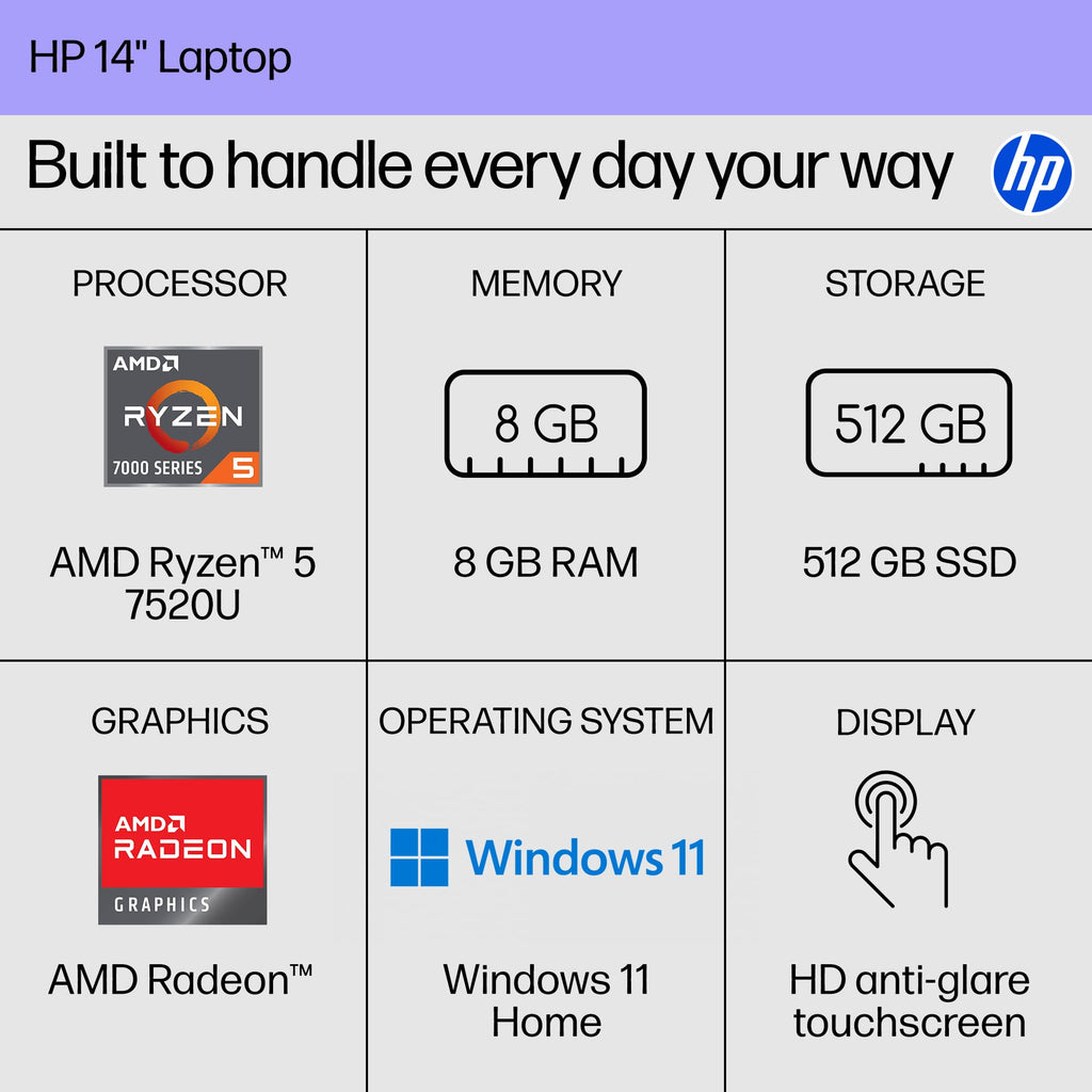14 inch HD Touchscreen Laptop, AMD Ryzen 5, 8 GB RAM, 512 GB SSD, Windows 11 Home U569