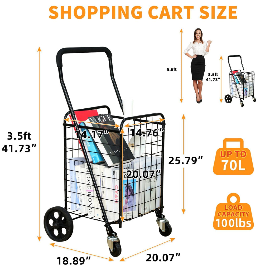 Grocery Shopping Cart with Swivel Wheels, Collapsible Utility Cart V8835