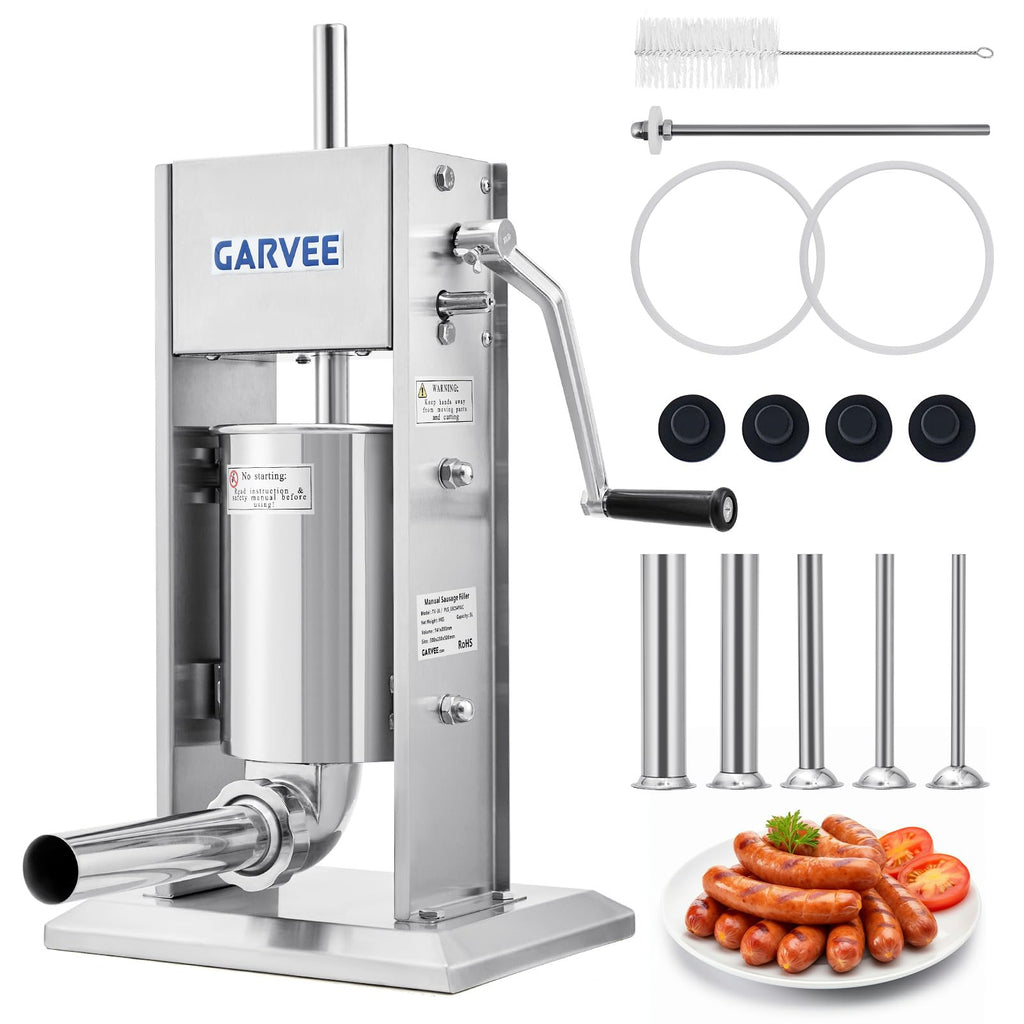 7LBS/3L 304 Stainless Steel Manual Sausage Stuffer with 5 Filling Tubes V12952