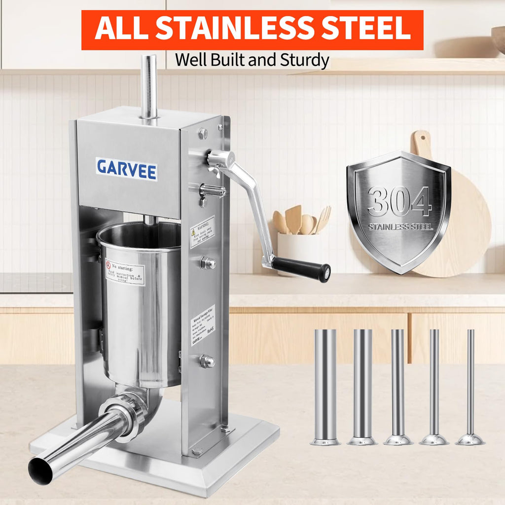 7LBS/3L 304 Stainless Steel Manual Sausage Stuffer with 5 Filling Tubes V12952