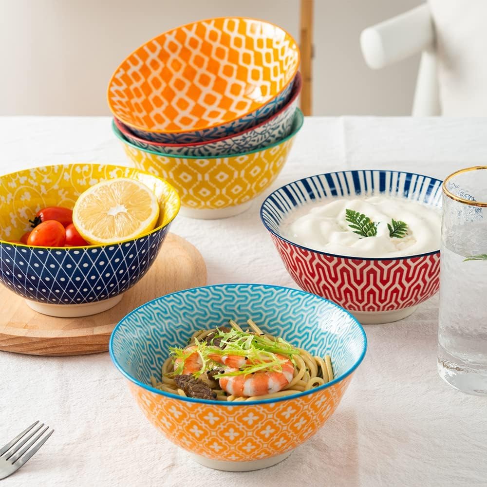 Ceramic Bowls Set 30 oz Assorted Colorful Set of 6 Microwave Dishwasher Safe D641268
