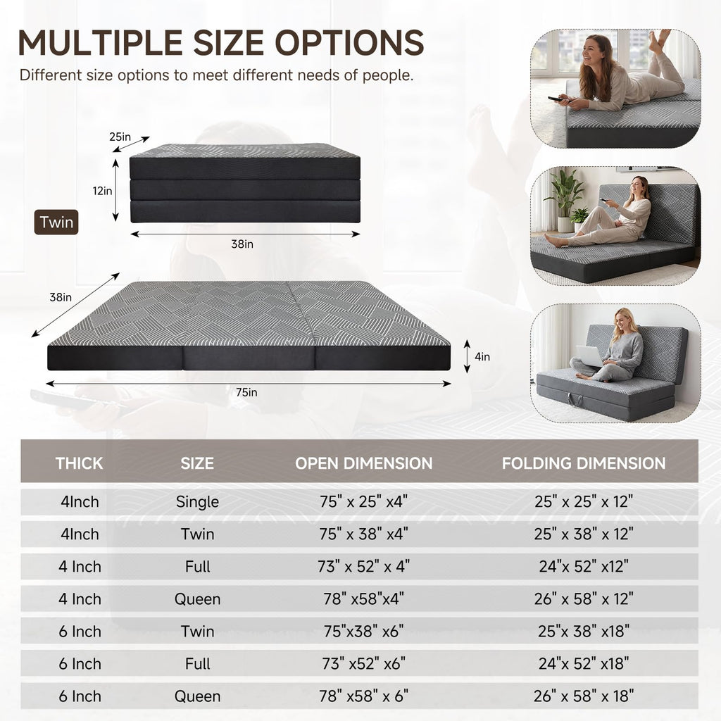 Memory Foam Tri Folding Mattress Twin Size 4 Inch Z23376