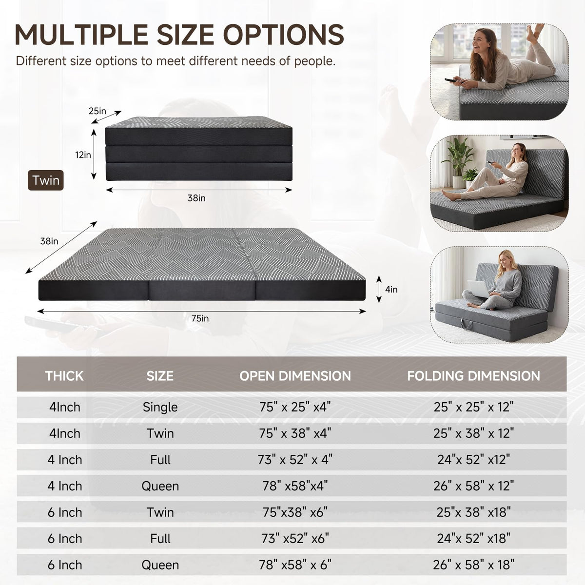 Memory Foam Tri Folding Mattress Twin Size 4 Inch Z23376