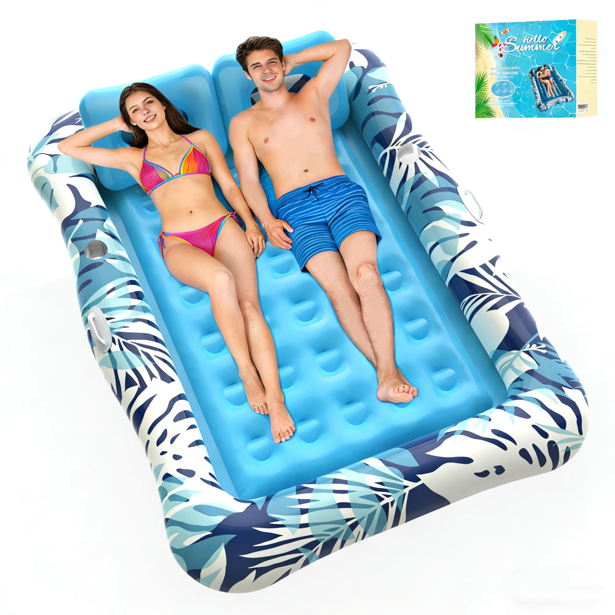 75"x64" XXL Inflatable Tanning Pool Lounger Float with Pillow Blue E5744