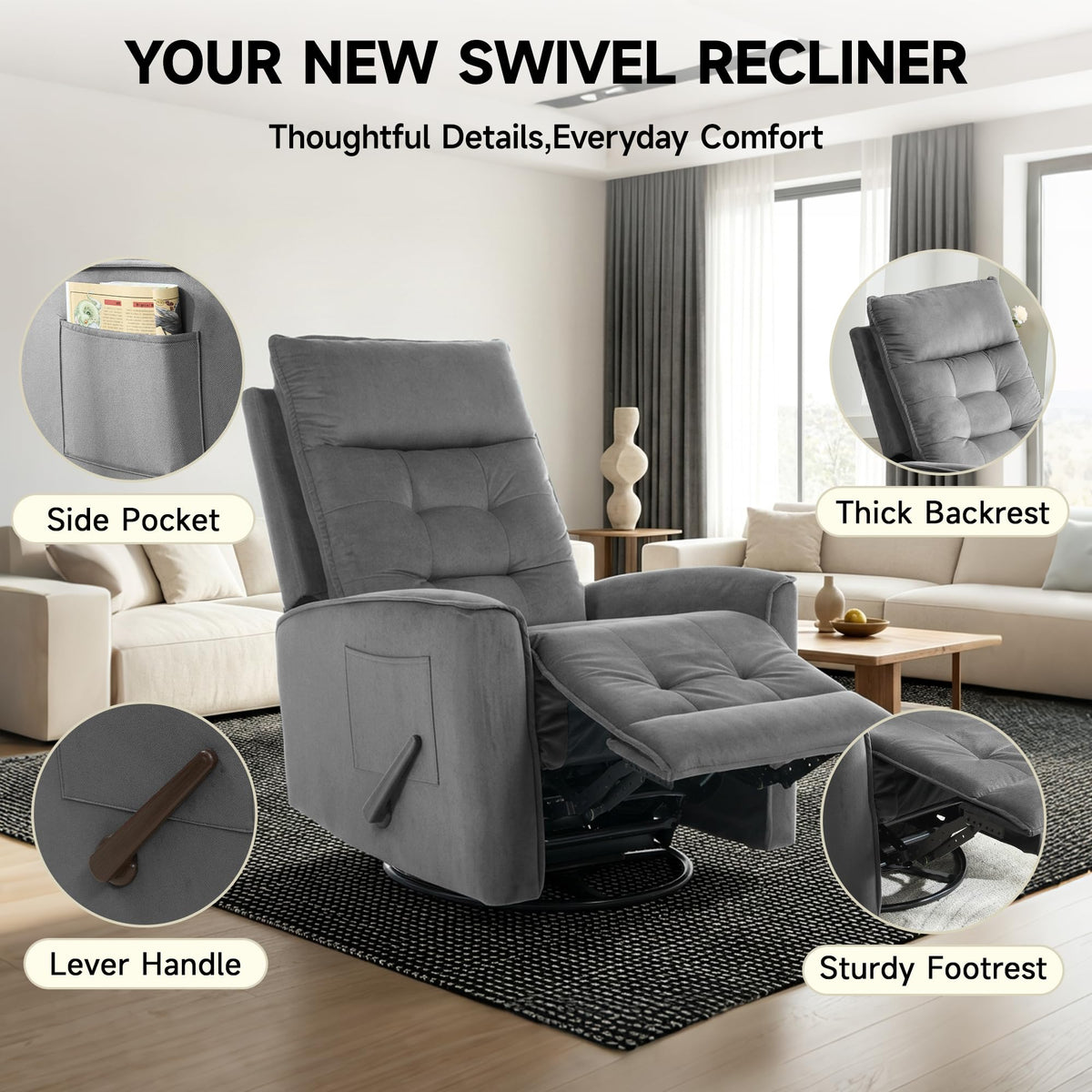 Dark Grey Swivel Rocker Recliner Chair E27839