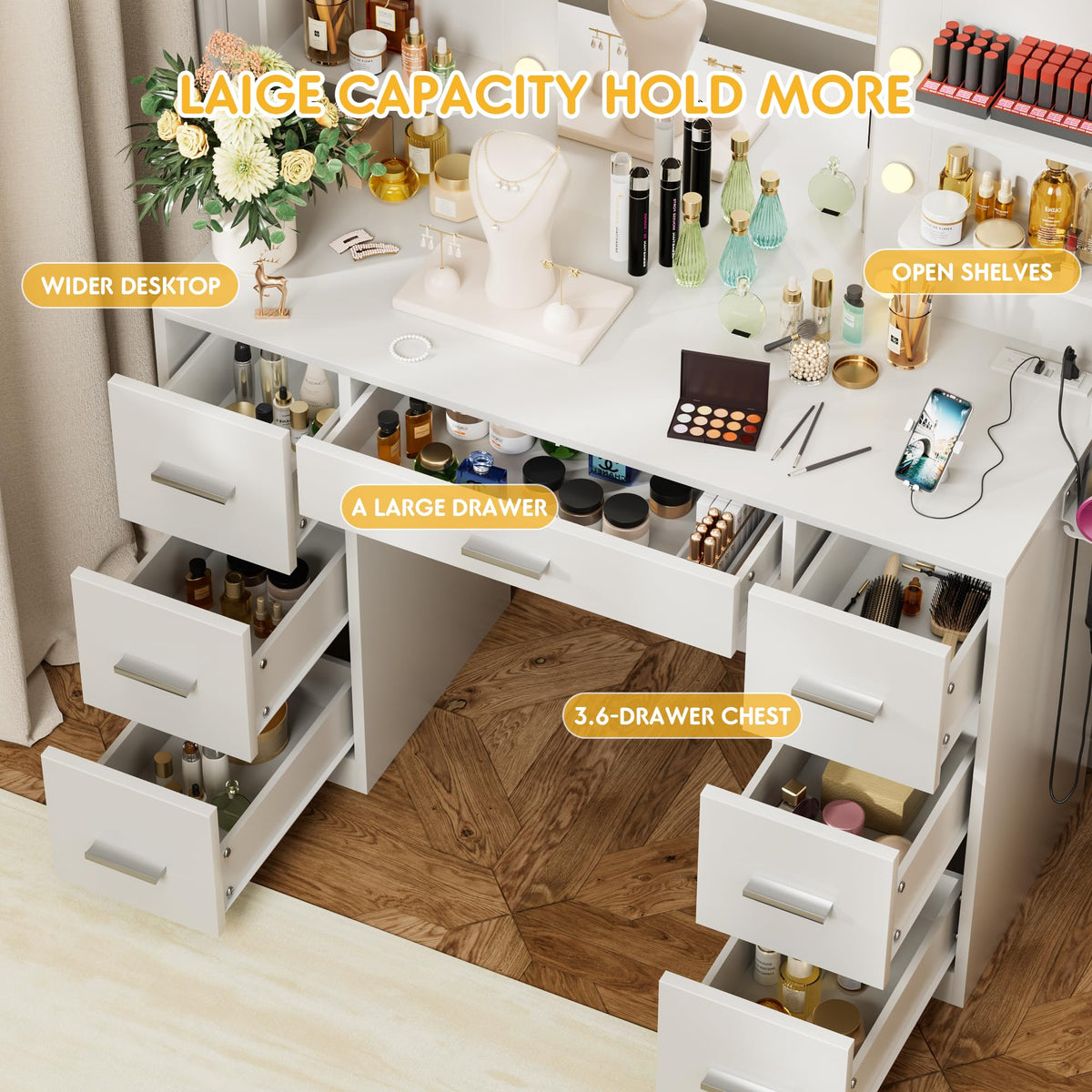 White Vanity Desk with Lighted Mirror and 7 Drawers R22547