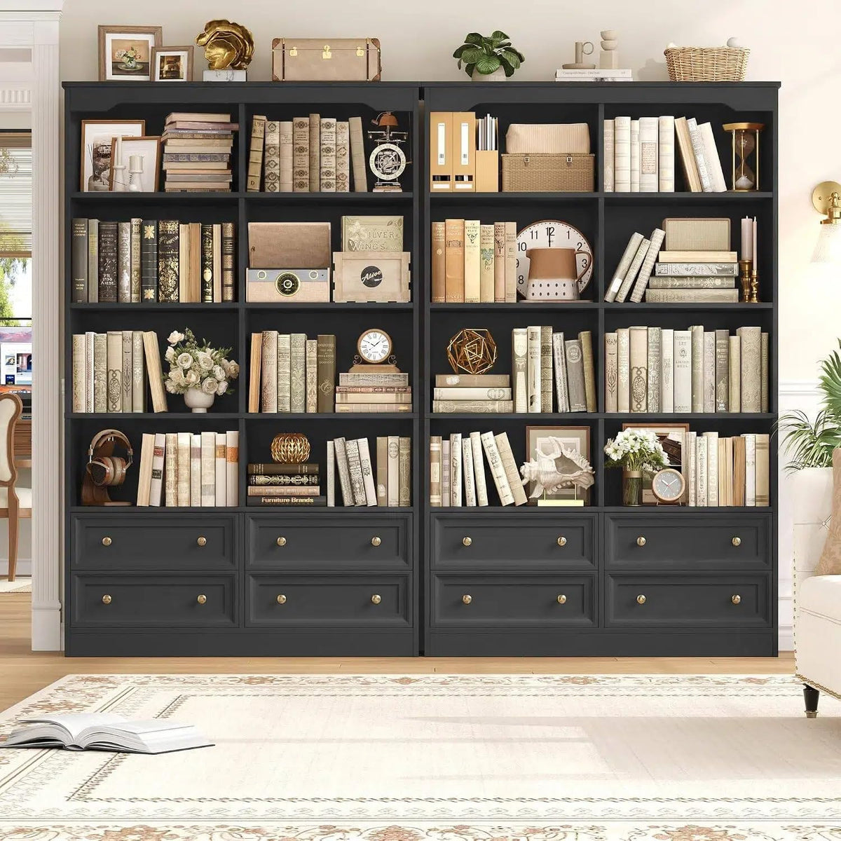 71" Tall Black Bookshelf with 4 Drawers H206