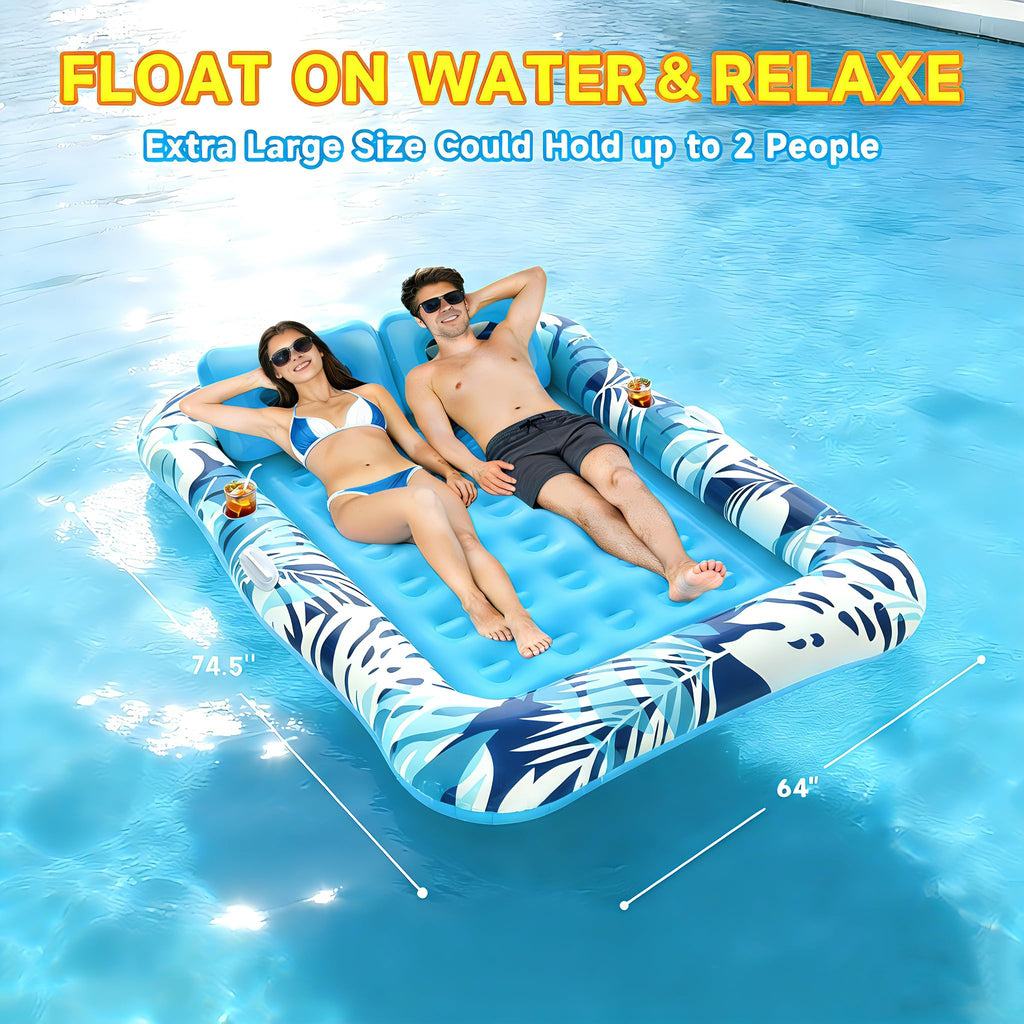 75"x64" XXL Inflatable Tanning Pool Lounger Float with Pillow Blue E5744