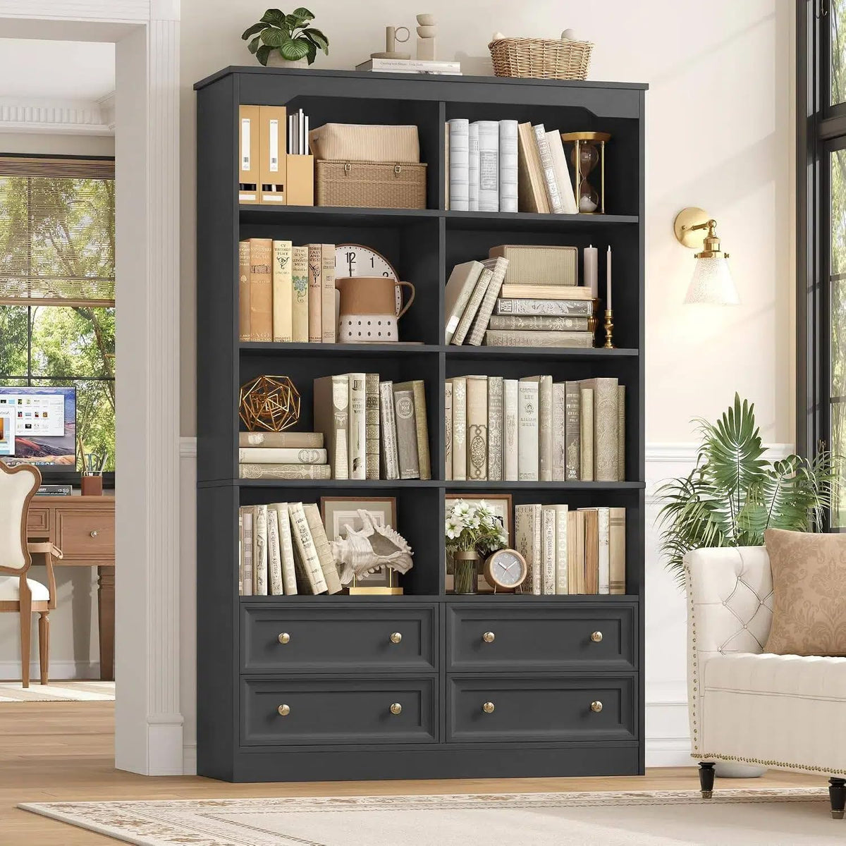 71" Tall Black Bookshelf with 4 Drawers H206