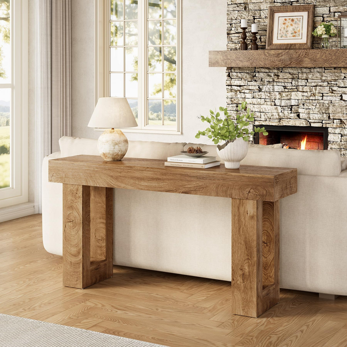 63 Inches Oak Color Wooden Console Table D63943