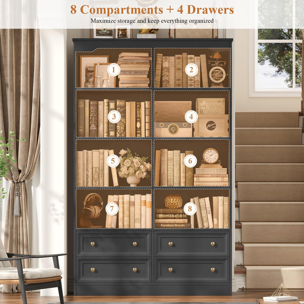 71" Tall Black Bookshelf with 4 Drawers H206