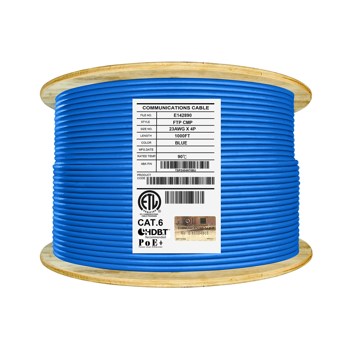Cat6 Shielded Plenum 1000ft Solid Pure Copper Ethernet Cable Blue T7745