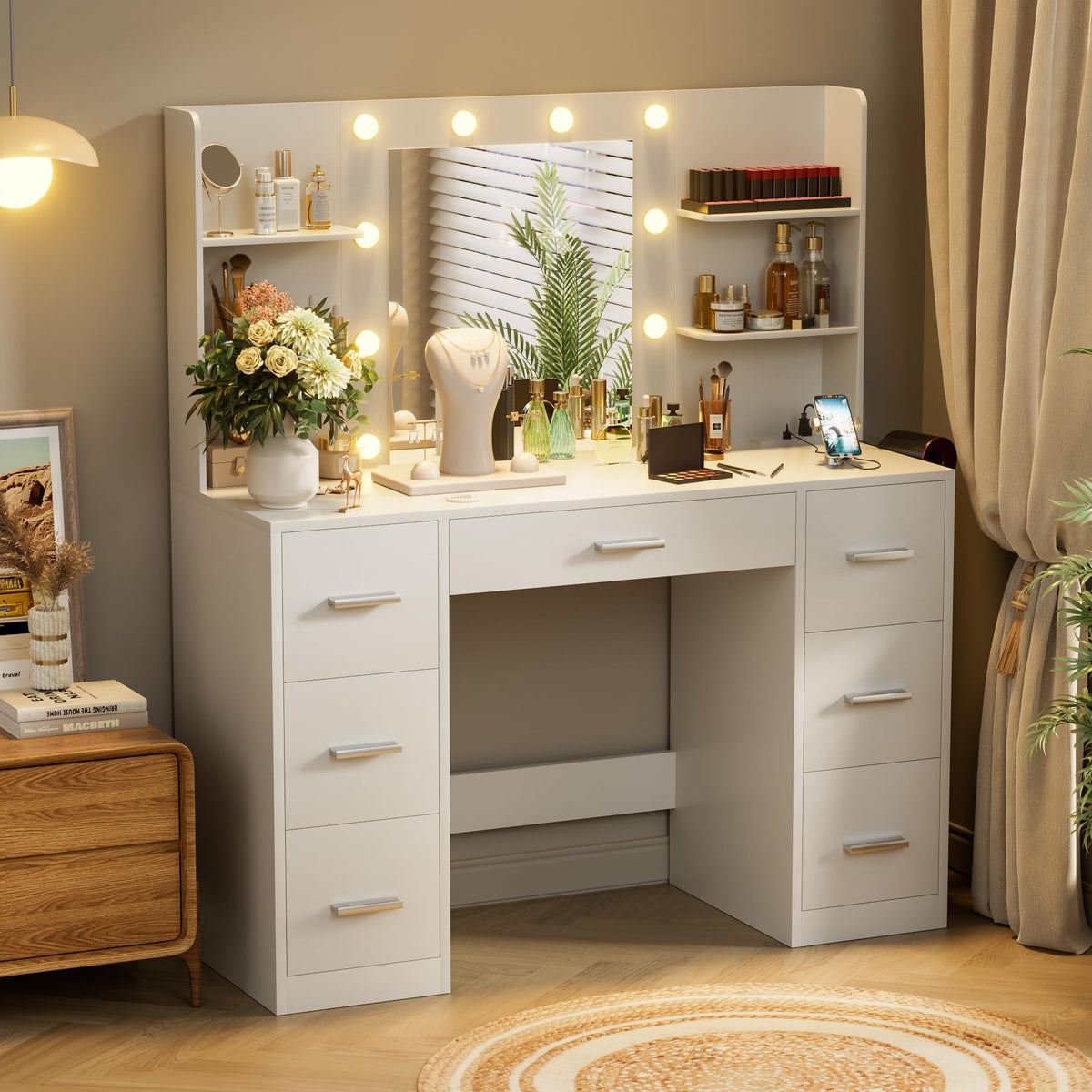 White Vanity Desk with Lighted Mirror and 7 Drawers R22547