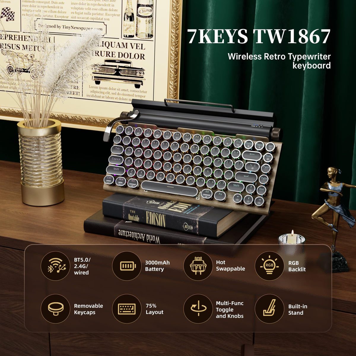 Wireless Retro Mechanical Keyboard with Wrist Rest R966724