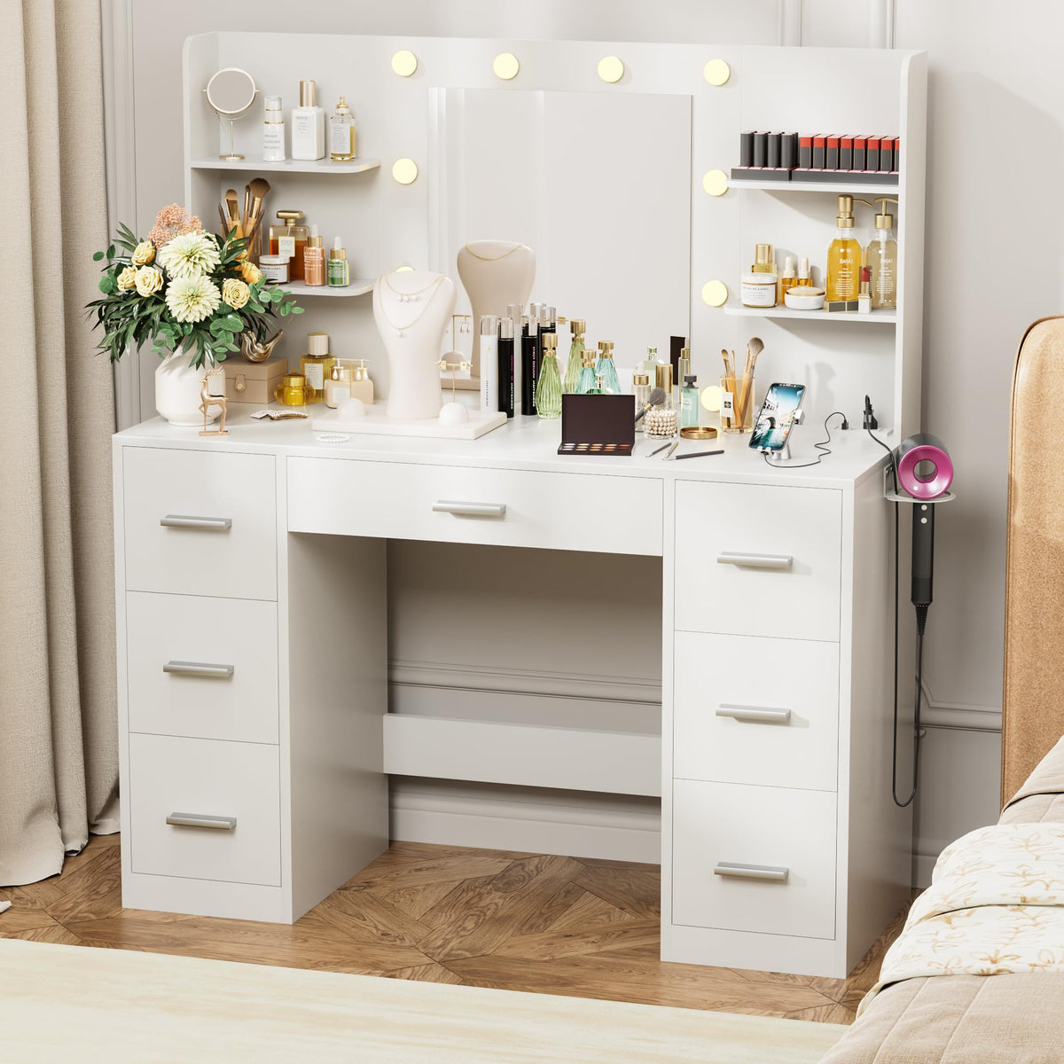 White Vanity Desk with Lighted Mirror and 7 Drawers R22547